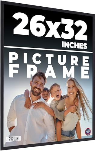 26x32 Frame Black Real Wood Picture Frame Width 0.75 Inches | Interior Frame Depth 0.5 Inches | Noir Classique Mid Century Photo Frame Complete with UV Acrylic, Foam Board Backing & Hanging Hardware