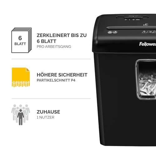 Fellowes Aktenvernichter 6 Blatt Partikelschnitt (P4) & Amazon Basics - Schmiermittelblätter für Aktenvernichter, 12er-Pack Automatisch, Mikroschnitt, Weiß