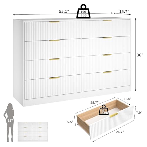 Image of White Fluted Dresser Bedroom with 8 Drawer,55 inch Wide White Double Drawer Dresser Modern Chest of Drawers with Gold Handles,Wood TV Stand for Bedroom,Living Room