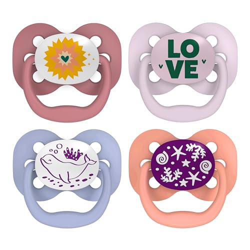 Image of Dr. Brown's Advantage Glow-in-The-Dark Baby Pacifier, Fully Symmetrical Soother with Soft Silicone Bulb, Lavender Love-Coral Ocean, 0-6m, BPA Free, 4 Pack