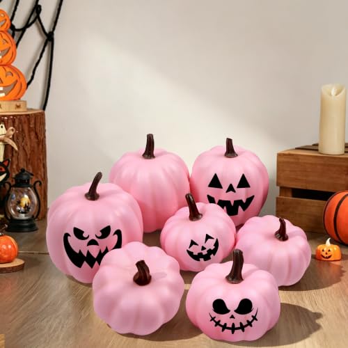 Image of Ghrdopy 7 Pcs Pink Fake Pumpkins for Thanksgiving Table Centerpiece | Foam Pink Artificial Pumpkins Decor for Fall, Halloween Dining Table & Indoor Autumn Farmhouse Decoration