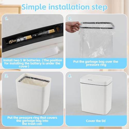 Image of 15 L Motion Sensor Plastic Garbage Can with Lid, Automatic Garbage Bin, White, 10.23 inch x 7.24 inch x 12.16 inch