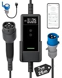 dé Chargeur Voiture Electrique 7kW APP [25m, 1 Phase, 6A 32A] Chargeur Voiture Electrique Type 2 P17 avec Puissance Réglable à Distance, Compatible avec R5, Scenic, Model Y, E 208 et Autres EV/PHEV