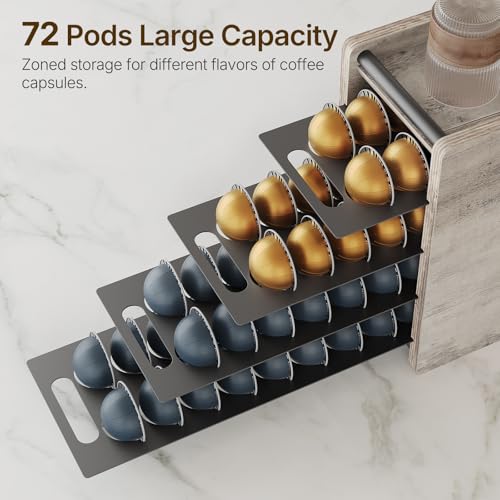 Image of YATINEY Coffee Pod Drawer Holder, 72 Pods Large Capacity, 4 Tier Holder for Vertuo, Coffee Pod Organizer for Countertop, Storage Rack for Nespresso Vertuo Pods, Space Saving, Greige KH06BG
