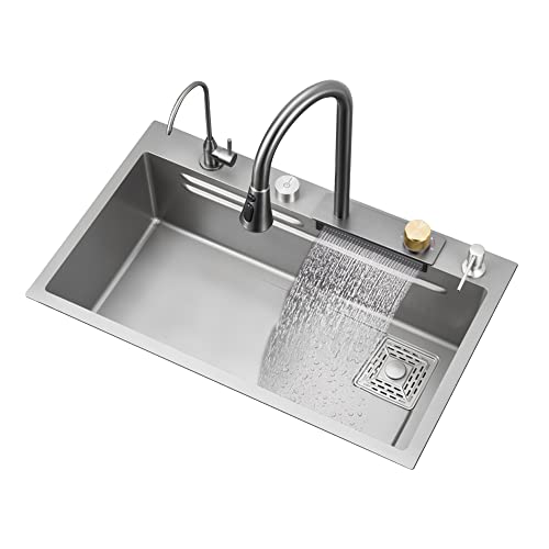 Évier en acier inoxydable haut de gamme cascade et station de lavage gris pistolet