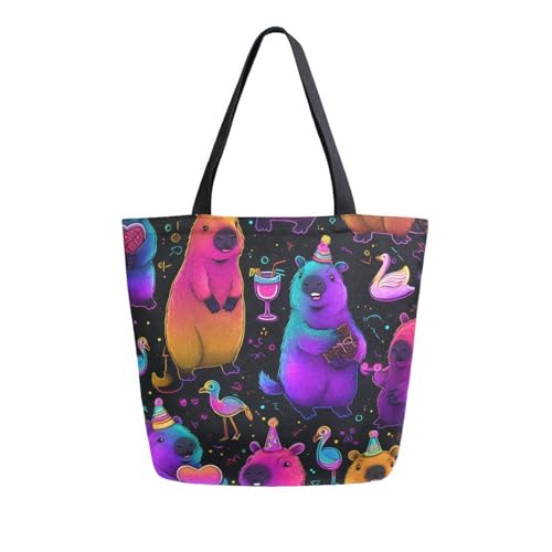 Extra Large Shoulder Tote Bag for Beach Travel Weekender Gym Capybara Colorful Pattern Purple Reusable Grocery Canvas Shopping Bag2