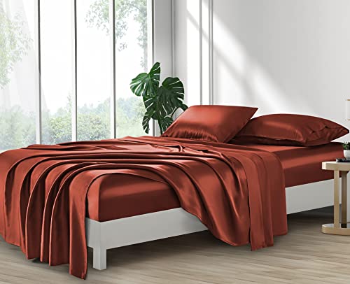 Image of Lanest Housing Silk Satin Sheets, Twin XL Size Satin Bed Sheet Set with Deep Pockets, Cooling Soft and Hypoallergenic Satin Sheets Twin XL - Burnt Orange