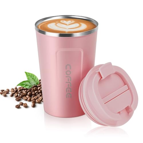 flintronic 380ml Tasse à Café Isotherme de Voyage avec Couvercle étanche en Acier Inoxydable, Réutilisable avec une Brosse(Rose)