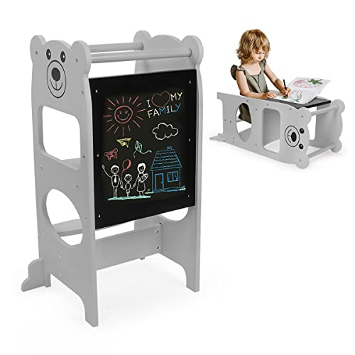 Image of Toddler Kitchen Stool OUNUO Kids Learning Helper Stool with Chalkboard Safety Rail Toddler Standing Tower Wooden Stool for Counter Sink Grey Bear