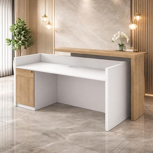 Image of Modern White Reception Desk for Office, Salon, Clinic | Luxury Front Reception Counter Table with Storage | Particle Board & Particle Board Reception Table - (RCT-034 LPB L8W2)