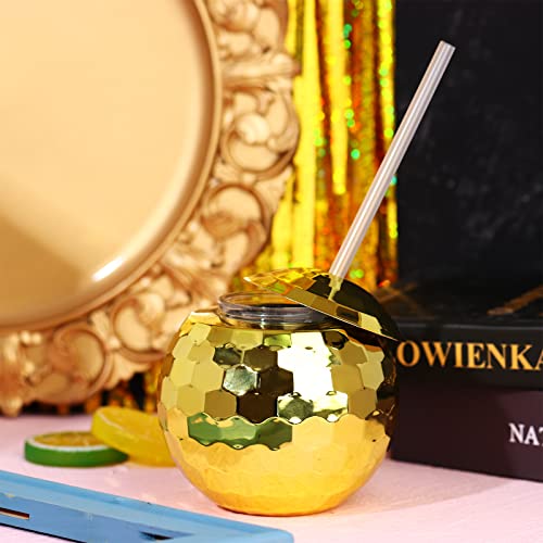 Ujuuu 4 Pieces Disco Ball Cups Disco Ball Tumbler Disco Flash Ball Cocktail Cup With Lid And Straw Party Supplies Wine Cocktail Drinking Syrup Tea Bottle (Gold) #TOP6