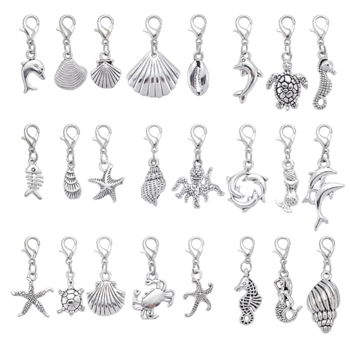 AHANDMAKER 48 Stück 24 Stile Meerestier Anhänger Anhänger Set Mit Karabinerverschluss Und Schmuckzubehör Mit Ozeanmotiv Für Selbstgemachte Halsketten Armband Schlüsselbund Antik Silber Farbe