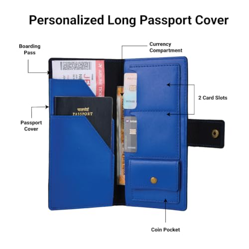 Image of AICA Personalized Name & Charm Long Leather Wallet Passport Cover with Passport, Boarding Pass, Currency, Card Slot & Coin Holder for Men & Women (RoyalBlue)