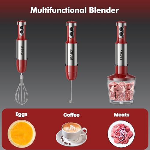 Image of Immersion Blender Handheld 1200W, 5-in-1 Hand Blenders, 20 Speeds Hand Mixer, Stainless Steel Blades, Milk Frother Wand, Whisk, Beaker, Suitable for Kitchen, Protein Shakes and Baby Food (Red)