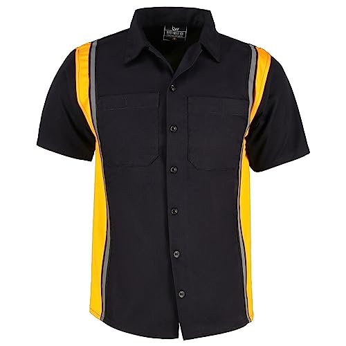 BIKER WEAR USA Men’s Work Shirt- Mechanical/Industrial Work Shirt with Vertical Reflective Lining Black/Gold