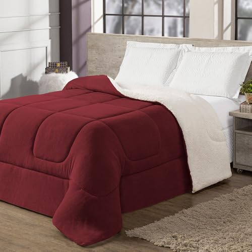 Coberdrom Sherpa Cobertor Casal Queen Grande Dupla Face Super Soft Manta Fleece Lã de Carneiro 240 x 220cm Vermelho