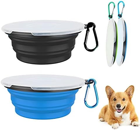 Collapsible Dog Bowl2 Pack Portable Dog Bowl with Lids, Pet Travel Dog Bowls for Walking,Traveling,Hiking Foldable Expandable Bowl for Dogs Cats and Small Pet Feeding (15oz/450ml, BlueBlack)
