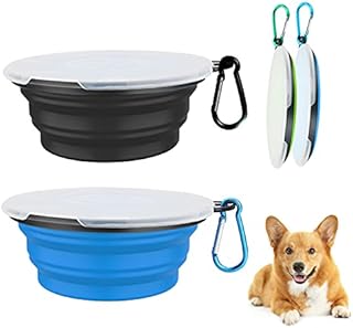 Collapsible Dog Bowl2 Pack Portable Dog Bowl with Lids, Pet Travel Dog Bowls for Walking,Traveling,Hiking Foldable Expandable Bowl for Dogs Cats and Small Pet Feeding (15oz/450ml, BlueBlack)