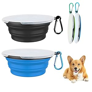 Hundenäpfe Faltbare Reiseschale 2 Stück fütternde Hundenäpfe mit Deckel und Haken,Auslaufsichere Hundenapf Tragbare Silikon Trinkschale für Katzen,Hunde Wanderungen and Camping (450ml, Blau&Schwarz)