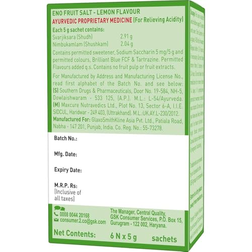 Image of Eno Fruit Salt Sachets - Lemon Flavour, 6 Pieces Carton