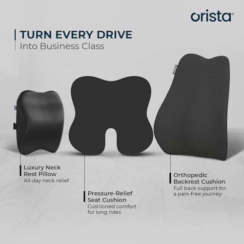 Image of Orista Car Seat Cushion Combo | Neck, Back & Sciatica Relief | High-Density Memory Foam Set for Driving, Office Chair & Gaming | Universal Fit, Black