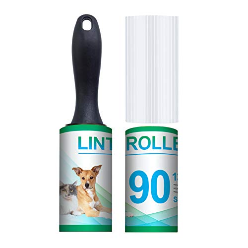 Lot de 4 rouleaux anti-peluches extra adhésifs pour enlever les poils d'animaux - Dépoussiérant pour vêtements, siège auto, lit et tapis, canapé, 2 recharges, 360 feuilles - Environ 52 m Cover