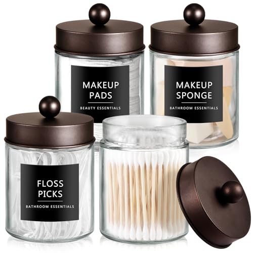 SheeChung Qtip Dispenser Holder 4pcs, Glass Apothecary Jars with Bronze