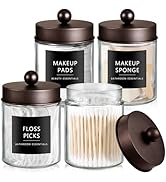 SheeChung Qtip Dispenser Holder 4pcs, Glass Apothecary Jars with Bronze Stainless Steel Lids &Sti...