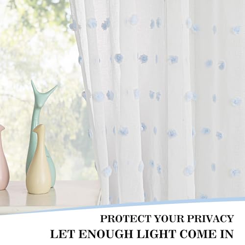 Image of MYSKY HOME Blue Pom Pom Sheer Curtains for Living Room 84 Inches 2 Panels