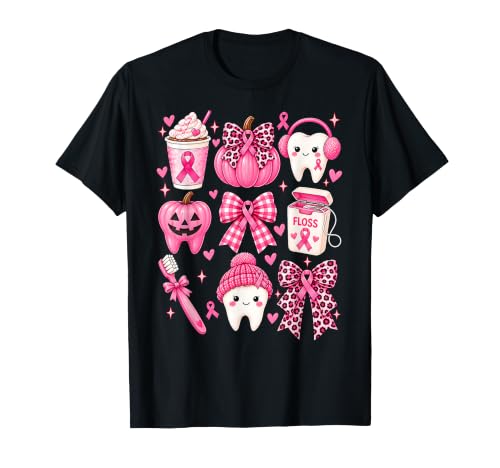 Coquette Bow Pink Ribbon Breast Cancer Dental Dentist T-Shirt
