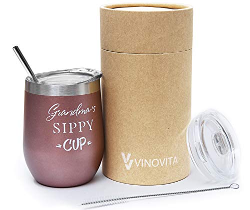 Grandma’s Sippy Cup – Vinovita Stainless-Steel Funny Wine Tumbler – Insulated Stemless Glass With 2 Lids, Straw, Brush – Novelty Adult Sippy Cup – Perfect For Mother’s Day, Valentines, Birthday –12Oz #TOP7