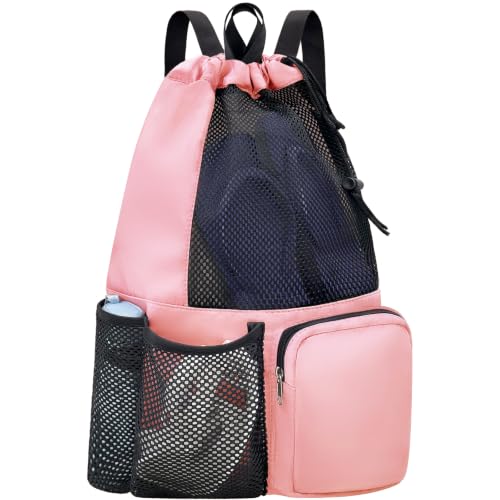 lifwimner Bolsa de natação de malha com cordão para praia com bolso molhado à prova d'água para academia, treino masculino e feminino, rosa, Large, Mochila de malha com cordão e bolso molhado
