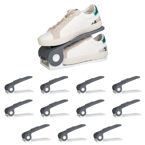 HomeStrap Plastic Shoe Organizer Slot (Pack Of 12) (Grey/White)| Adjustable | Space Saver | Double Deck Shoes Storage Holder For Rack And Shelf, 25X10