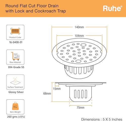 Image of Ruhe Round Floor Drain with Lock and Cockroach Trap (5 Inches) | 304-Grade Stainless Steel Floor Drainer
