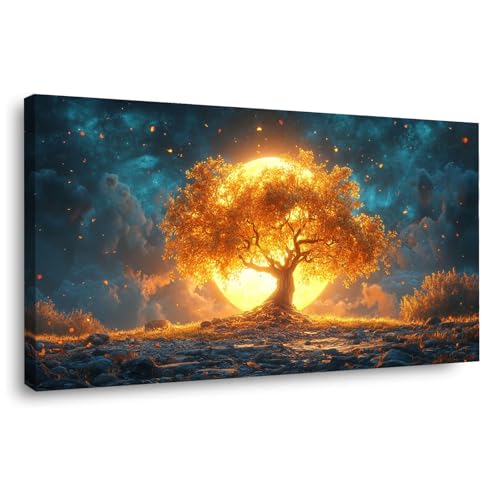 Tableau arbre de vie doré déco salon et chambre lune orange céleste