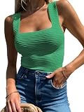 BZB Square Neck Tank Top Green Tank Top Woman Ribbed Tank Tops for Women 2025 Sleeveless Fitted Summer Tops