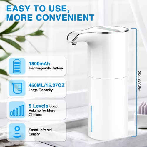 Automatic Soap Dispenser Rechargeable Touchless, 15.37Oz Electric Hand Sanitizer Dispenser, Liquid Hand Soap Dispenser Pump With 5 Adjustable Soap Volume For Kitchen Bathroom Wall No Drilling (White) #TOP1