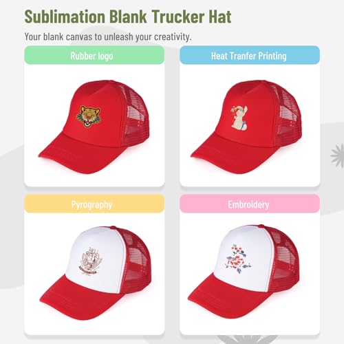 Image of 10 PCS Sublimation Blank Trucker Hats Red, Plain Trucker Cap Foam Front High Crown Mesh Back Trucker Hat, DIY Custom Baseball Caps Bulk Adjustable Snapback for Men Women