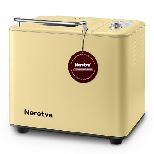 Neretva 20-IN-1 Bread Maker, Dual Heater 2LB Bread Machine Stainless Steel Bread Maker Machine Nonstick Ceramic Pan Compact for Gluten Free/Sourdough/Whole Wheat Bread/Yogurt, Breadmaker Recipe-Yellow