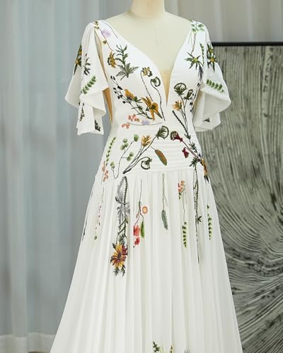 Floral Embroidered Wedding Dresses for Bride Women 2025 Long Chiffon Short Sleeve V Neck A Line Bridal Gown4