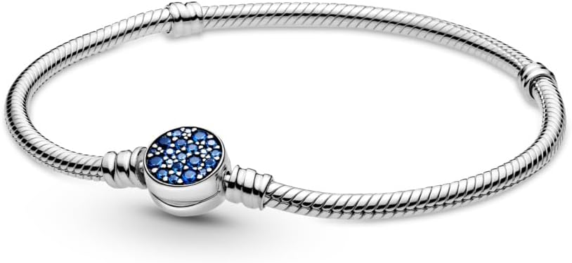 PANDORA Moments Sparkling Blue Disc Clasp Snake Chain Bracelet - Sterling Silver Bracelet with Man-Made Crystals - Jewelry for Women - Includes Gift Box
