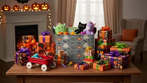 Image of Halloween Basket Gift Cute Pumpkin Ghost Parties Decor Kid Trick or Treat Basket for Boys and Girls Rectangular Storage Bin Box (Black and White Checkered Bow Bat)