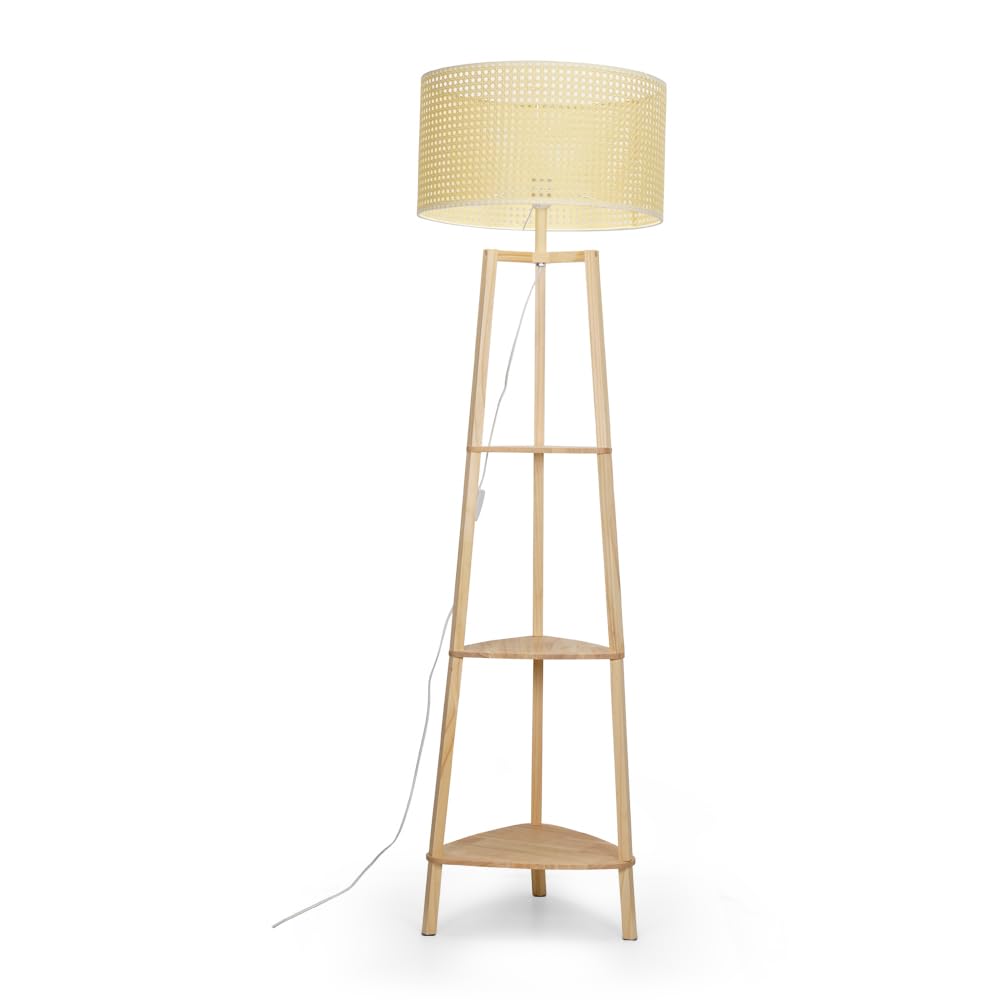 MiniSun | Natural Wooden 3 Tier Floor Lamp with Storage Shelves and Wicker Rattan Shade | Floor Lamps & Torchieres, Home Décor & Improvement Essential | Includes 6W LED E27 Light Bulb