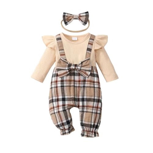 JOIMOCY Baby Girl Clothes 6-9 Months Fall Winter Outfits Plaid Long Sleeve Jumpsuit One Piece Romper Bodysuit Baby Overalls, Beige Baby Girl Romper 6-9 Months