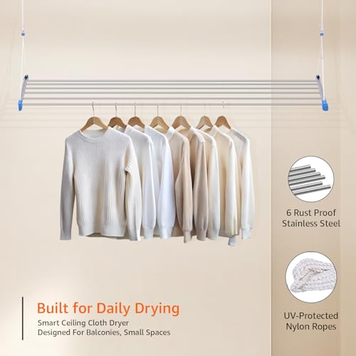 Image of Amazon Basics Stainless Steel Ceiling Cloth Dryer (Economy Model, Blue) - 6 Pipes x 5 Feet with UV-Protected Ropes & Pulley - Space-Saving Drying Stand for Balcony