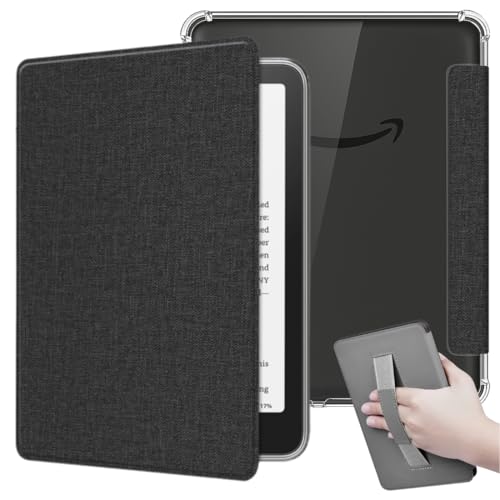 Capa de Tecido Para Kindle Paperwhite 12ª Geração 7” (SA569P e SA568B) e Kindle Colorsoft (SA58CB e SA59CP) Auto Hibernação – Fechamento Magnético – Traseira Transparente e Alça de Suporte (Preto)