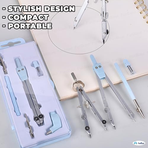 Image of FunBlast Metal Compass Set 9 Pcs - Geometry Box with Protractor, Set Squares, Ruler, Compasses, Ruler Sets, Instrument Box, Math Geometry Kit for Student & Professional (Blue)