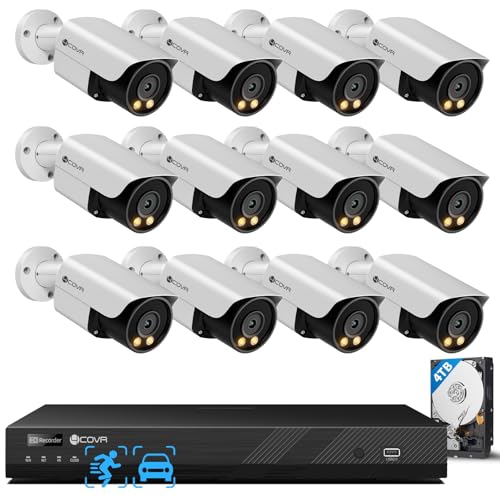 4COVR 16 Channel PoE Security Camera System, 2-Way Talk & Dual Lights Smart Full Color Night Vision, Human/Vehicle Detection, NVR & 4TB HDD, 12X 5MP Wired Business Bullet IP Camera IP67, LY3