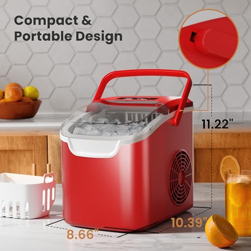 Image of Countertop Portable Ice Maker Machine with Handle, 9 Bullet-Shaped Ice Cubes Ready in 6 Mins, 26Lbs /24H, Self-Cleaning Function with Ice Scoop and Basket for Home /Kitchen /Party (Red)