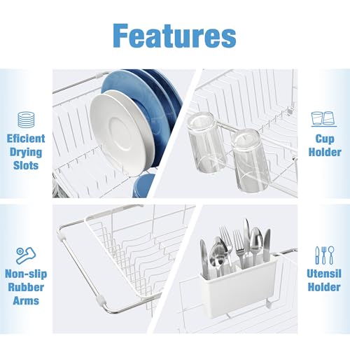 Image of JASIWAY White Dish Drying Rack in Sink with Drainboard and Utensil Holder